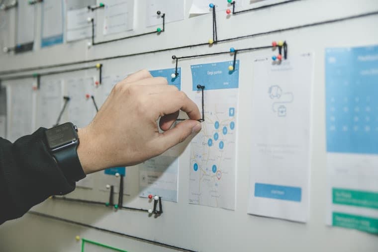 Cineva aranjează pe perete cardurile care descriu structura unui site